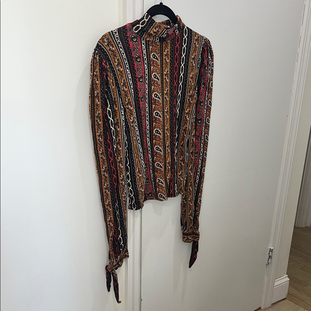 Free People Brown Black Tie Front Graphic Blouse